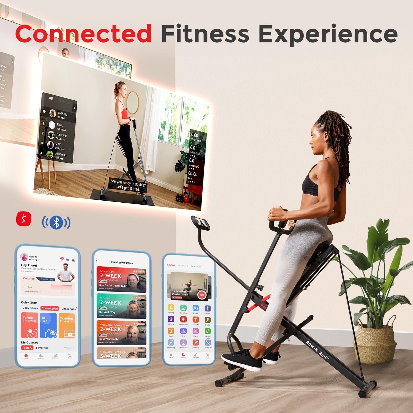Sunny Health & Fitness Smart Upright Row-N-Ride Exerciser, Squat Assist Trainer for Glutes Workout with Adjustable Resistance, Easy Setup & Foldable, Glute & Leg Exercise Machine- NO. 077SMART