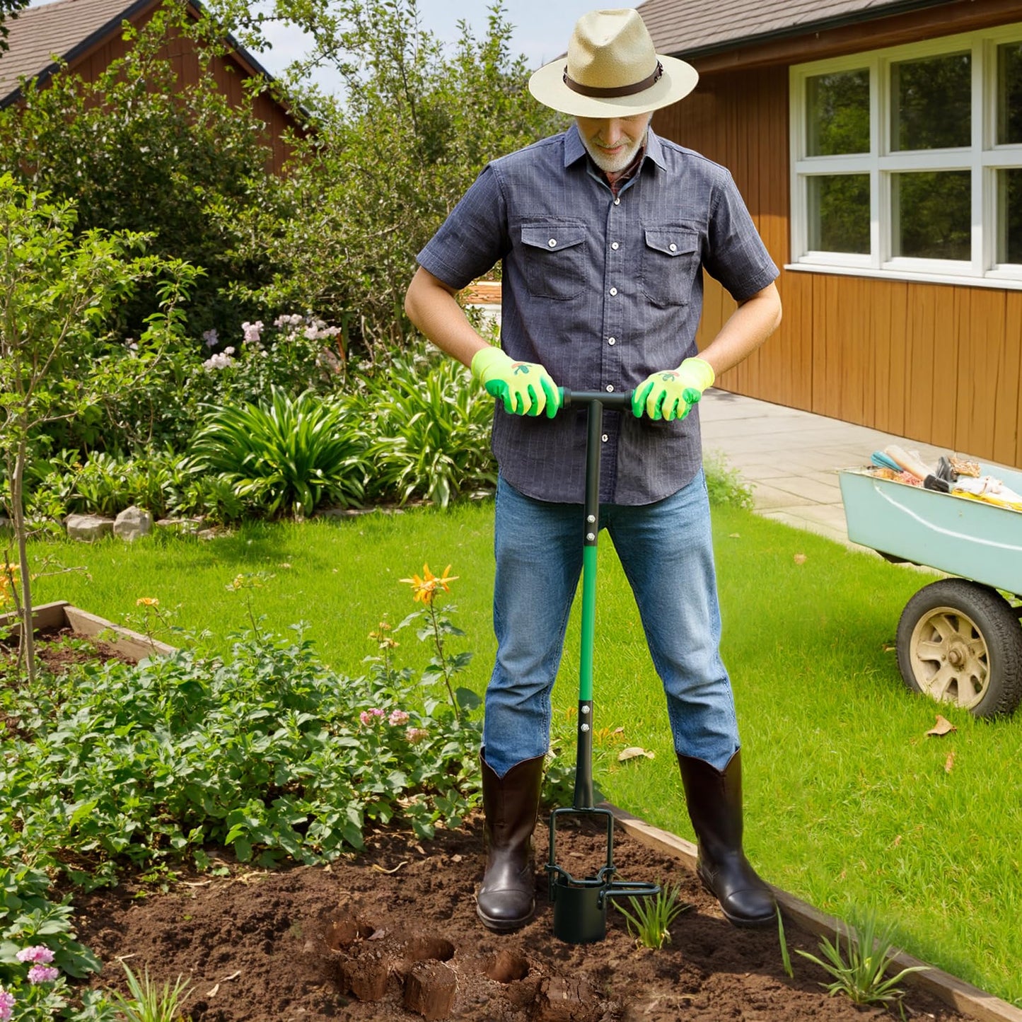 Altdorff Bulb Planter Tool, Sod Plugger with Long Handle Serrated Base, 5-in-1 Lawn Plug Garden Tool for Transplanting, Digging, Grass Plug, Soil Sampler, Planting for Tulips, Iris, Daffodils