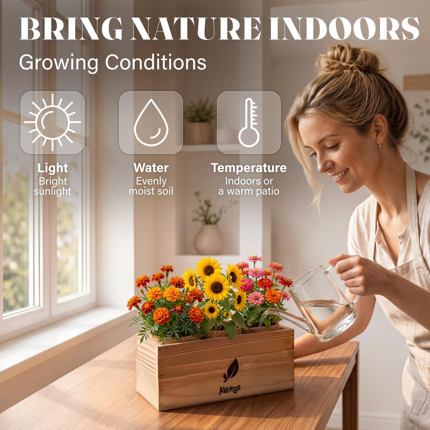 AVERGO Sunflower, Marigold & Zinnia Flower Seeds Growing Kit | Complete Indoor & Outdoor Kit with Seeds for Planting, Planters, Soil, Tools, Instructions