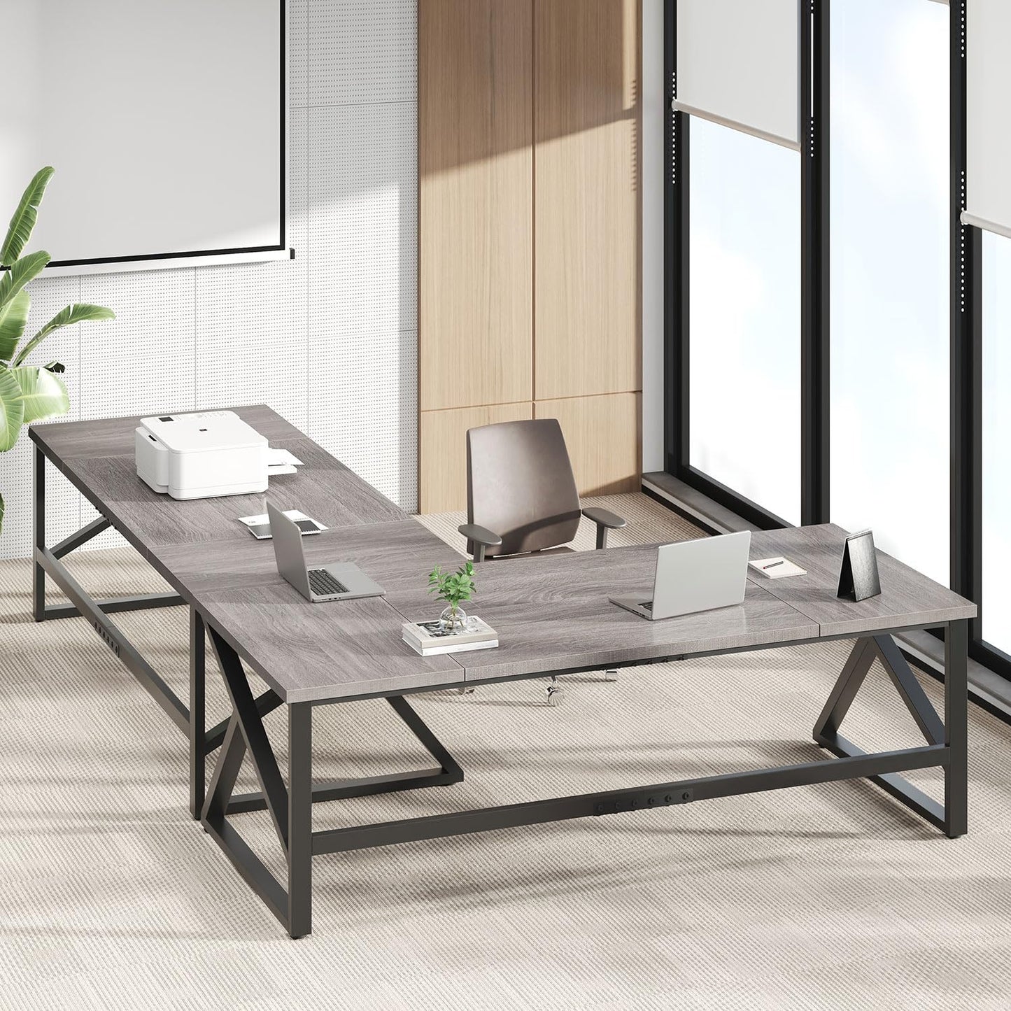 IBF 70 Inch Large Home Office Desk, Industrial Long Executive Work Writing Study Computer Table, Farmhouse Big Metal Wood Double Desk for Bedroom Living Room, Rustic Dual Monitor Desk, Light Grey