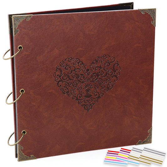 ADVcer Photo Album Scrapbook, 12x12 inch 50 Pages Vintage Leather Cover Big Three-Ring Binder Love Picture Booth DIY Scrapbooking Albums with 408pcs Self Adhesive Photos Corners for Memory Keep, Heart
