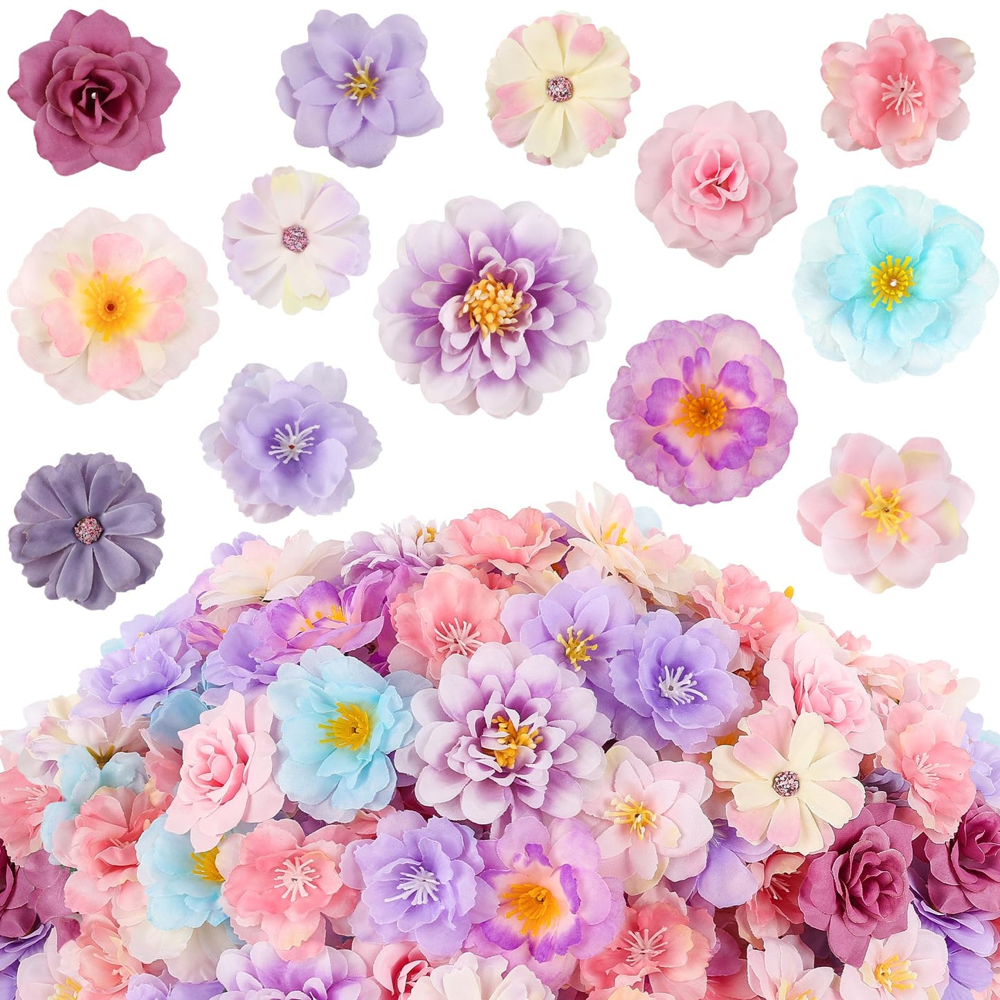 ATTGREAT 210 Pcs Mini Silk Flower Heads Small Fake Rose Daisy Faux Flowers Bulk for Crafts Artificial Loose Fabric Flowers Heads Sunflower Bulk for Wedding Hair Cap Dresses Decorations (Purple)