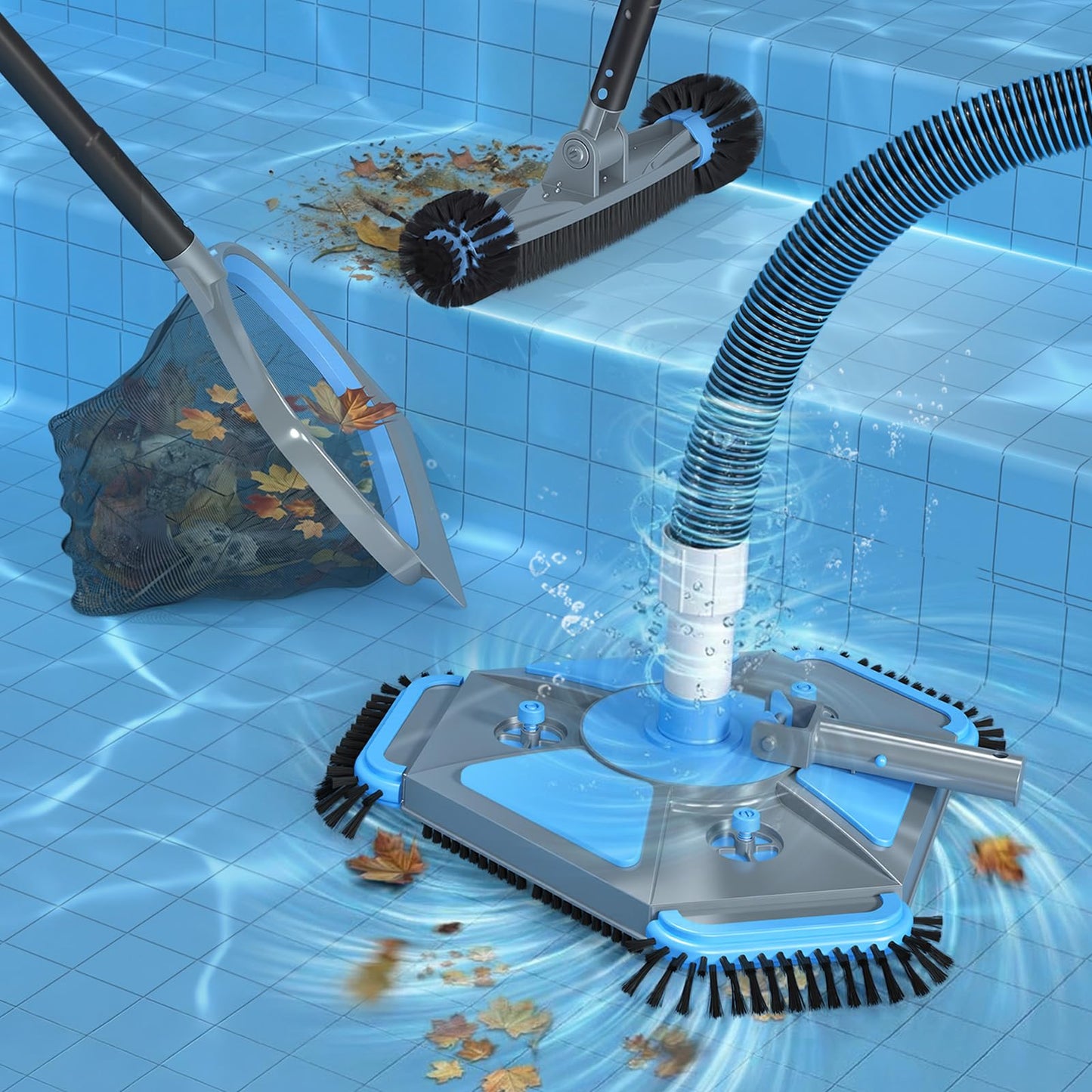 UIRWAY 3-in-1 Deluxe Swimming Pool Cleaning Kit - Includes Upgrade Heavy Duty Triangular Pool Vacuum Head, Detachable Brush, Deep Leaf Skimmer Net Inground & Above Ground Pools Cleaning(No Pole)
