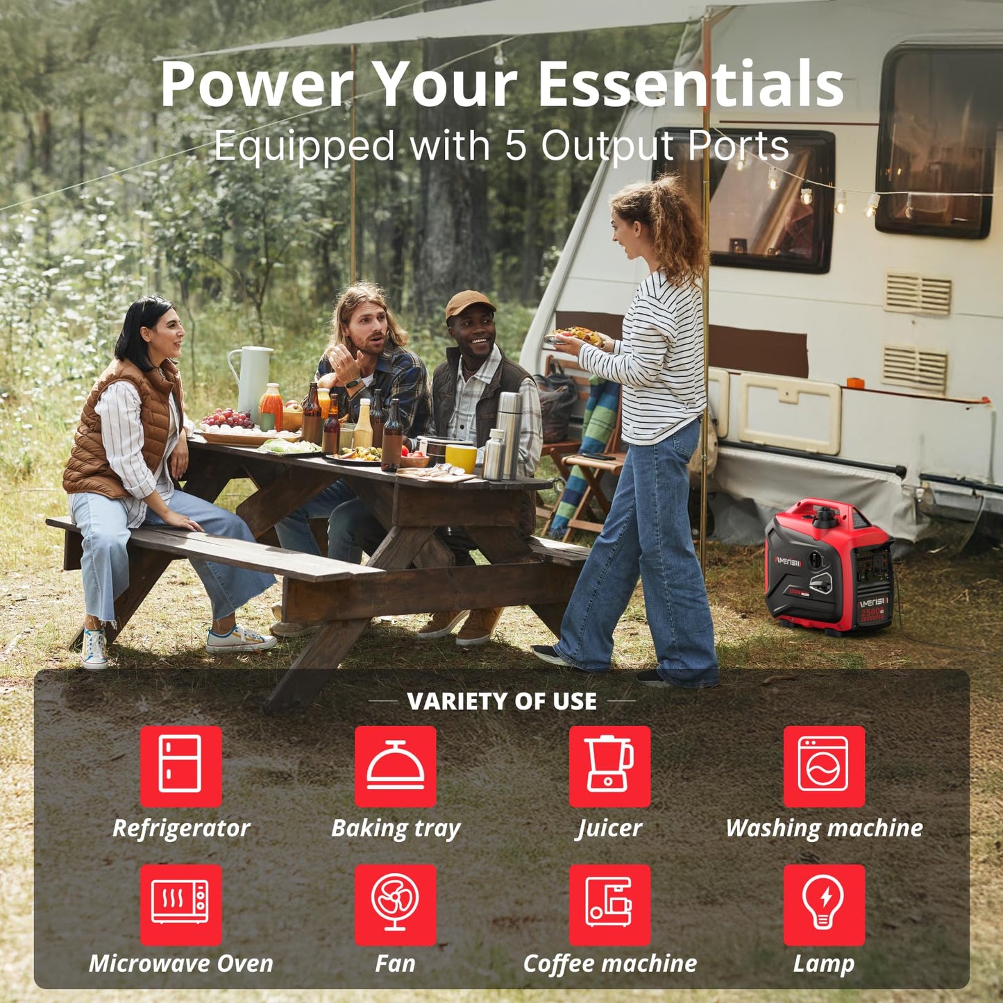 AMERISUN 2500-Watt Gas Powered Portable Inverter Generator for Home Use - Ultral Light for RV and Camping, CO Sensor, Outdoor and Home Backup, Long Run Time