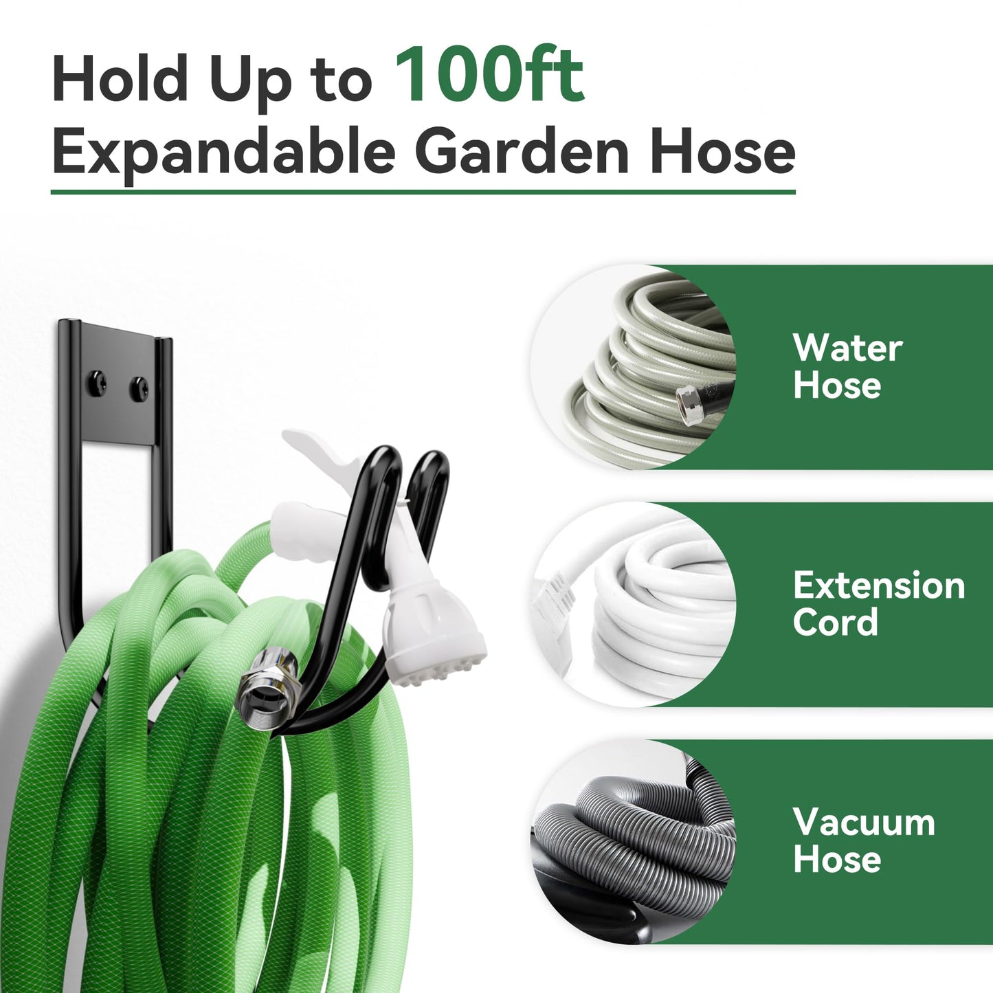 Black Metal Garden Hose Holder - Wall Mounted Water Hose Holder - Hose Hanger Heavy Duty for Water Hose Extension Cords Vacuum Hose (1 Pack)