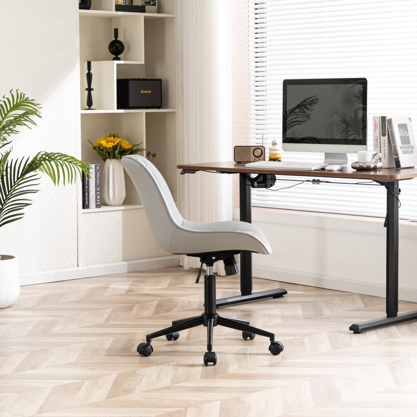 YOUNIKE Grey Ergonomic Home Office Desk Chair Armless Comfy Small Criss Cross Chair with Wheels Swivel Adjustable Modern Vanity Chair Wide Back Cute Leather Upholstered Rolling Task Chair No Arms
