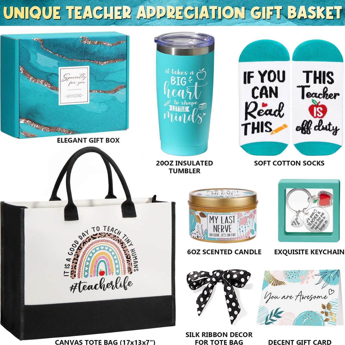 Best Teacher Appreciation Gifts for Women, End of Year Teacher Gifts from Student, Thank You Gift Basket Funny Daycare Teachers Unique Birthday Retirement Gift Set for Teachers w/ Canvas Tote Bag