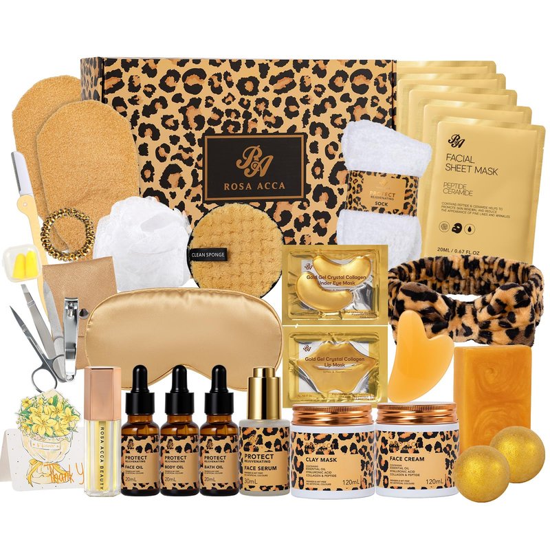 Gifts for Women, 32 Pcs Leopard Facial Skin Care Gift Set for Women, Home Spa & Self-Care Gift Kit, Bath and Body Gifts Basket Set, Face Sheet Mask, Wife, Birthday, Christmas, Valentines, Anniversary