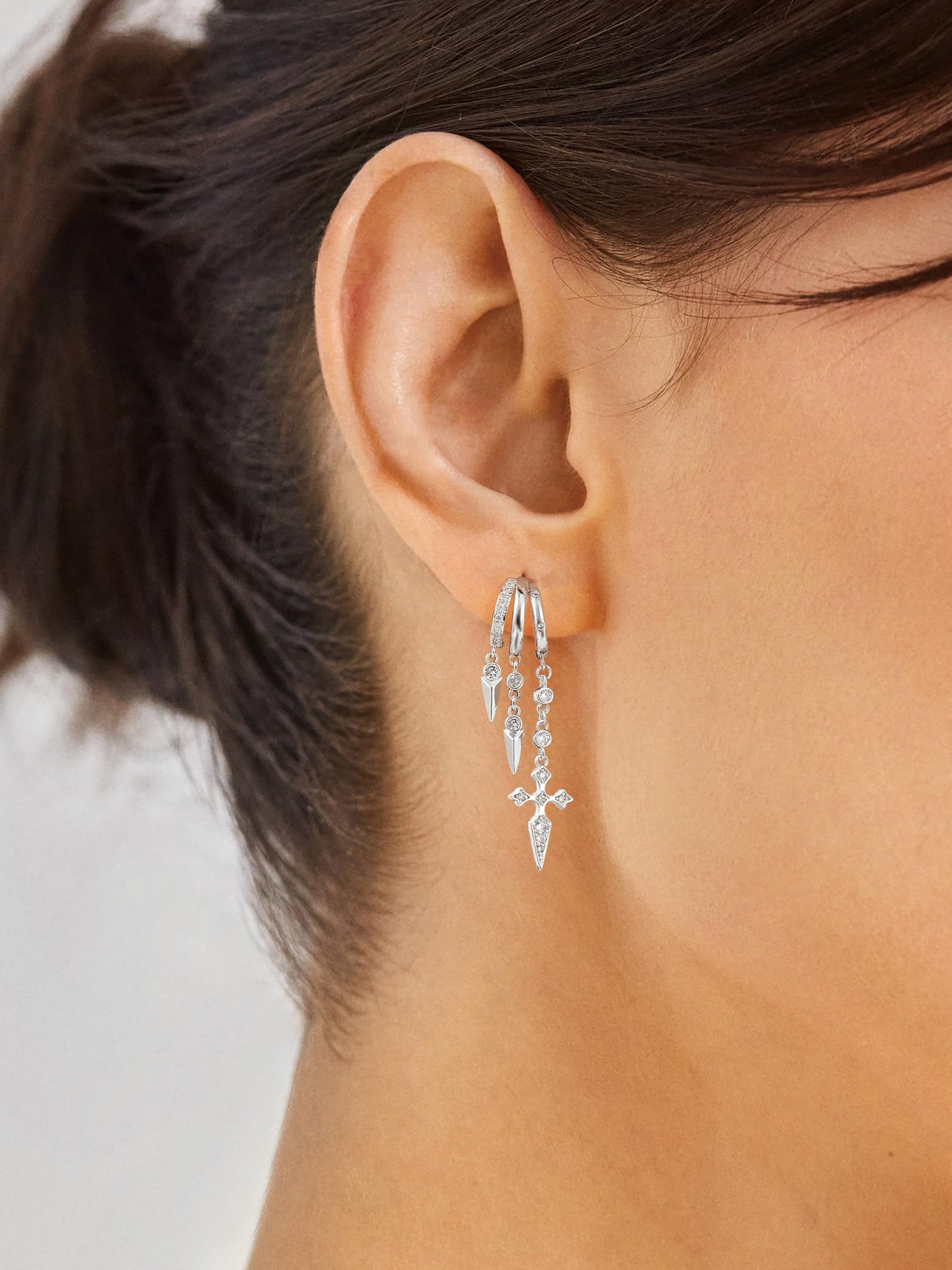 Freekiss Sterling Silver Cross Dangle Earrings for Women, 3 Hoop Illusion Huggie Drop Earring Set with Zircon, Silver Plated Hypoallergenic Stud Earrings Gothic Jewelry for Women