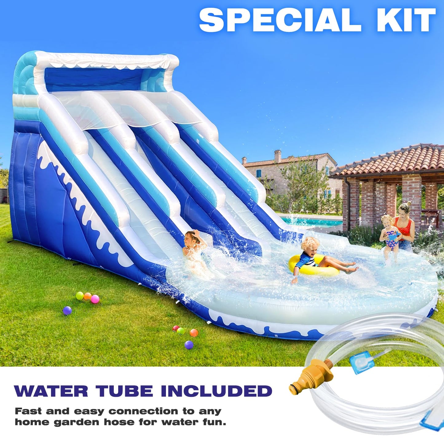 iLink-outer Grade Water Slide Inflatable with Pool for Kids Double Slide with Pool & Blower Water Tube for Kids and Adults, Oxford, Wet Dry Use, Party Gift-(Bule)