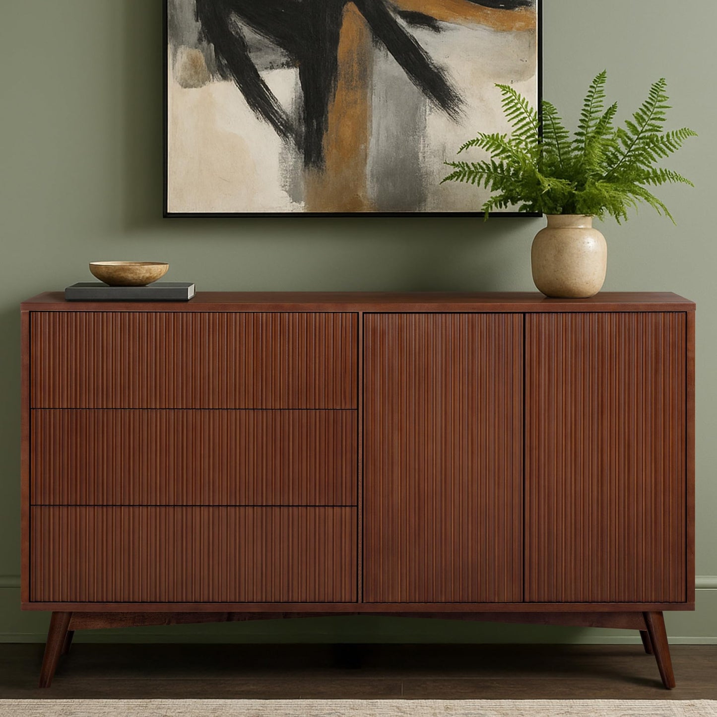 Teamson Home Tremolo 55″ Wide Sideboard Cabinet with 3 Deep Drawers & 2 Push-Open Doors, Adjustable Shelf & Solid Rubber Wood Feet, Fluted Fronts in Contemporary Style for Living, Dining Room, Walnut