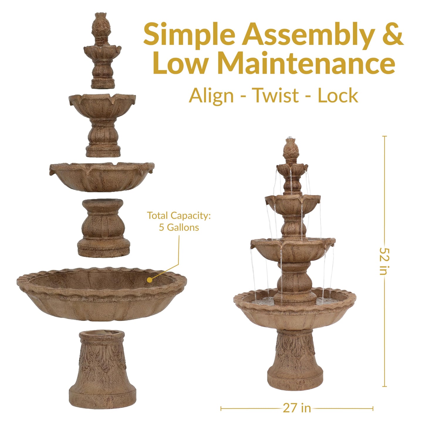 Sunnydaze Pineapple 52-Inch 4-Tier Outdoor Water Fountain - Tall Outdoor Fountain for Garden, Patio or Yard - Earth