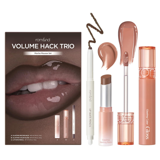 rom&nd Volume Hack Trio | 3-Step Plumping Lip Combo Set | Korean Lip Kit | Hydrated & Glossy Look | Trending on TikTok | Fuller Looking Finish | Mocha Mousse Set