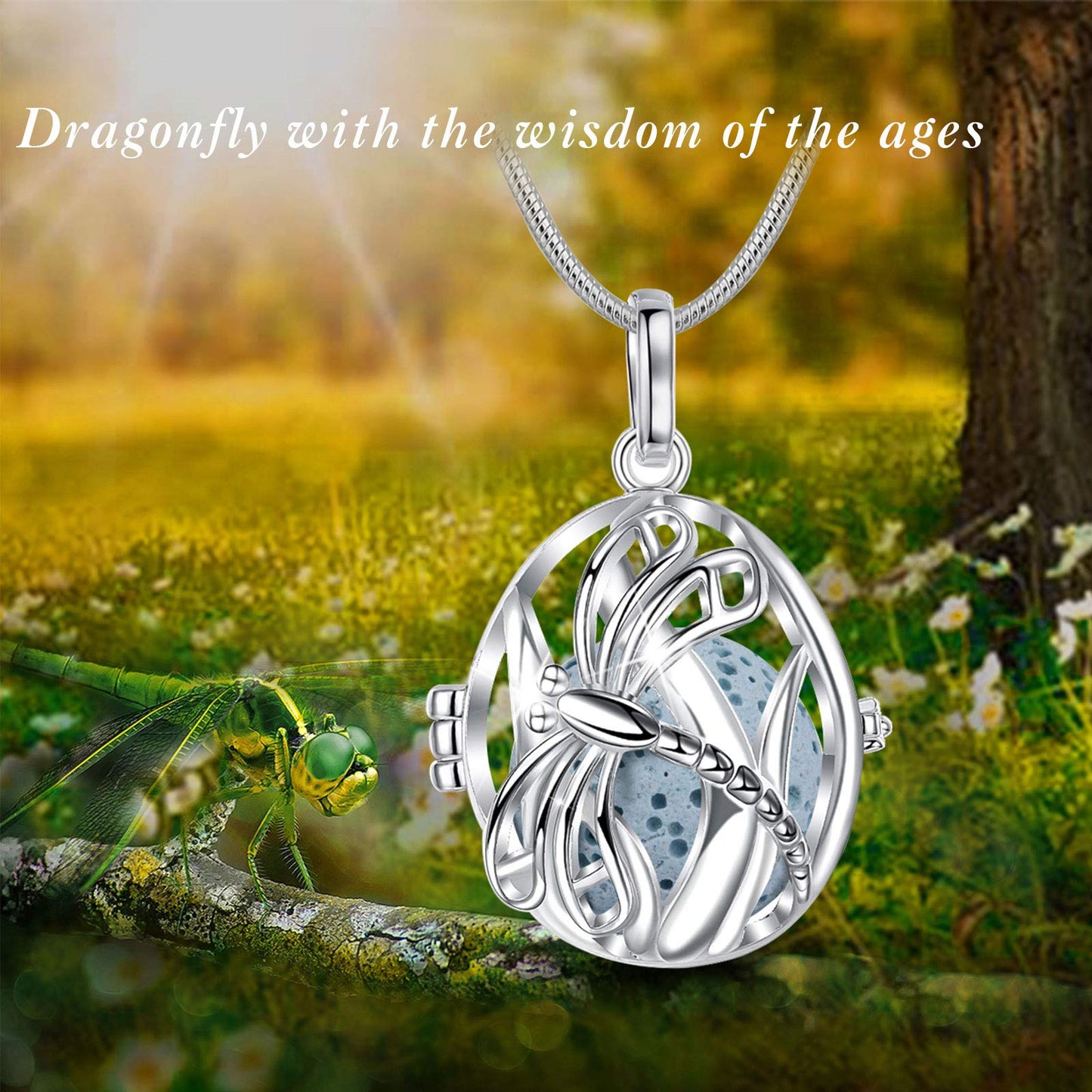 INFUSEU Dragonfly Essential Oil Diffuser Necklace Necklaces for Women Aromatherapy Jewelry 7 Lava Rock Stone Oval Aroma Therapy Scent Pendant Perfume Holder Cage Personal Smelling Wearable Gifts