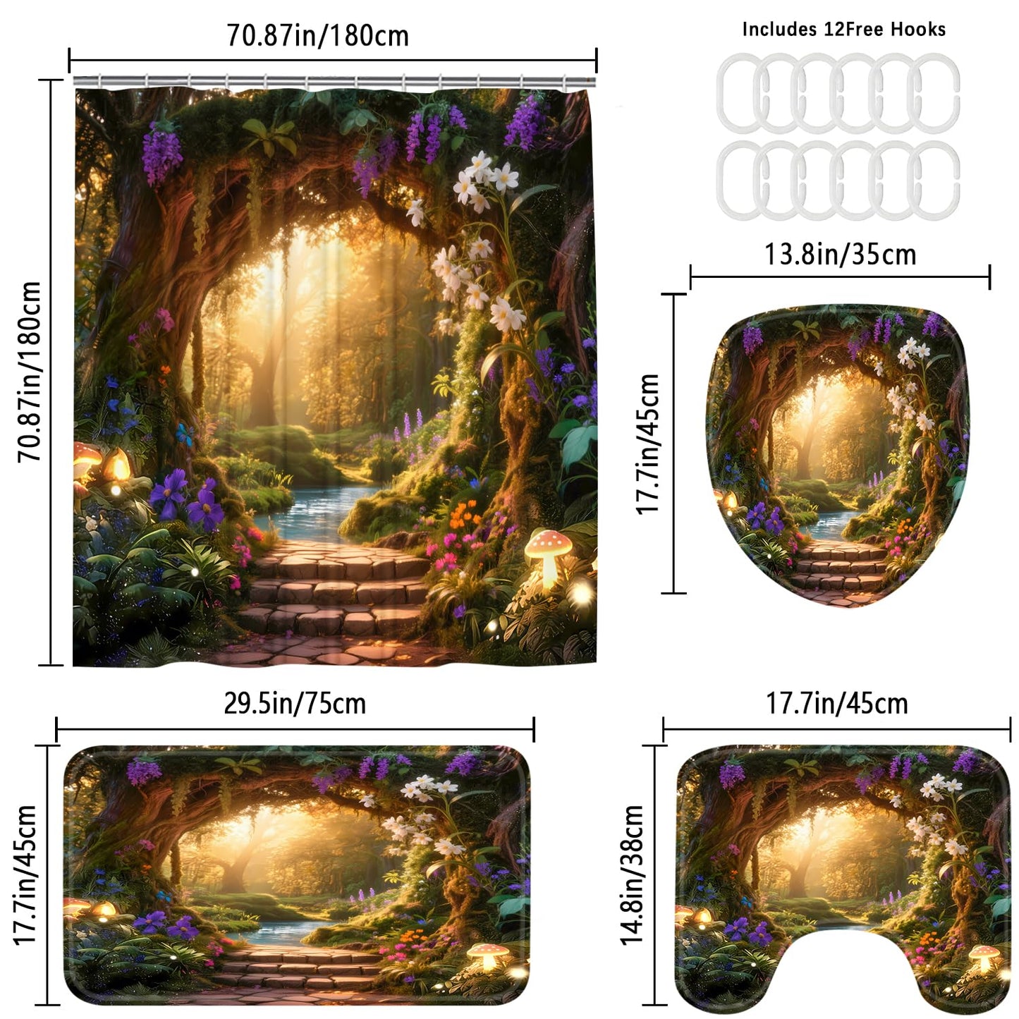 Nkzply 4 Pcs Enchanted Forest Shower Curtain Set Nature Garden Bathroom Sets with Shower Curtain and Rugs Mystical Woodland Shower Curtain Tree Hollow Bathroom Decor Accessories Toilet Lid Cover