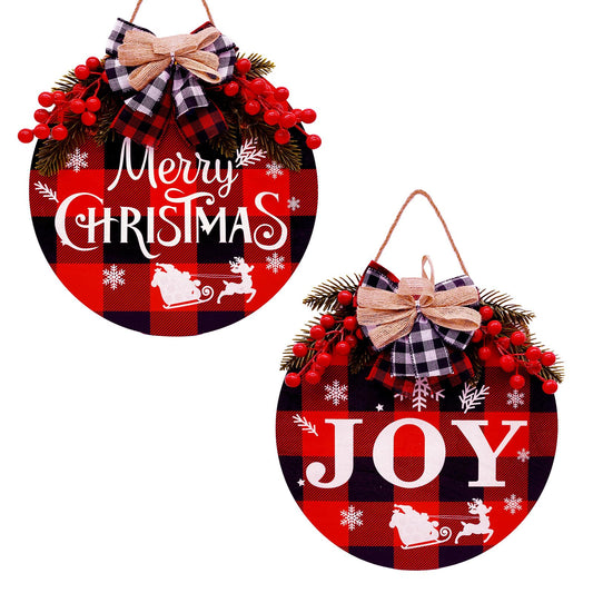 2 PCS Buffalo Plaid Christmas Wall Decor, 12 Inch Merry Christmas Sign Wood Wreath Hanging Porch Window Decoration Indoor Outdoor