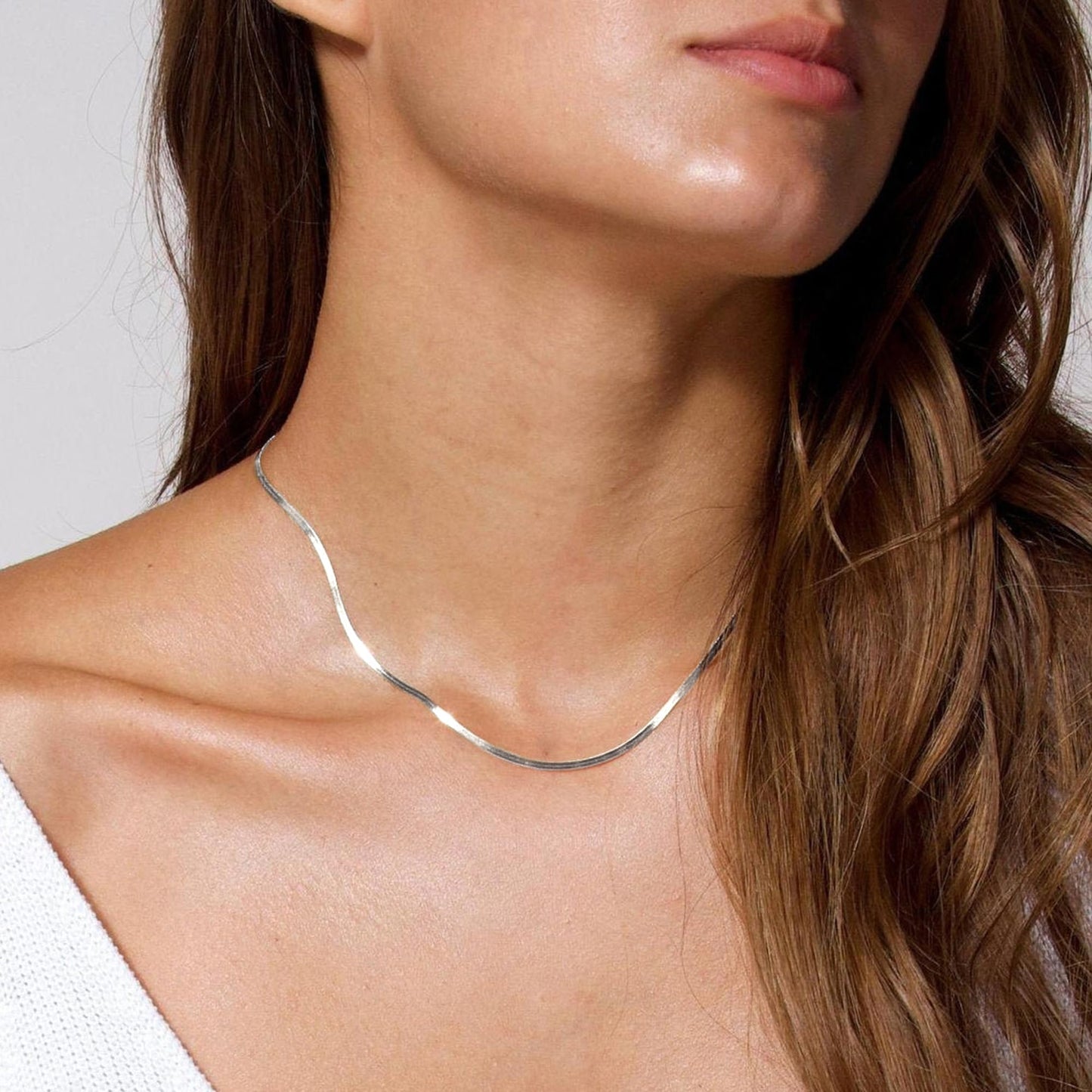 Freekiss 925 Sterling Silver Snake Herringbone Chain Choker Necklace for Women 16+2 Inch Adjustable Dainty Layered Choker Necklace Delicate Silver Jewelry Gift 1.9mm