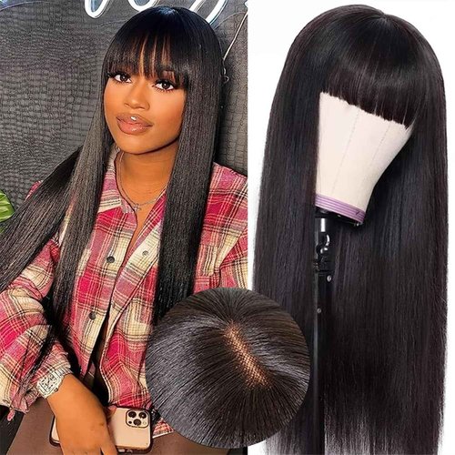 LOVFIR Straight Wig with Bangs Human Hair for Black Women Upgrade 2x1 HD Lace Glueless Wigs with Bangs Human Hair 150% Density Brazilian Virgin Hair 18 Inch
