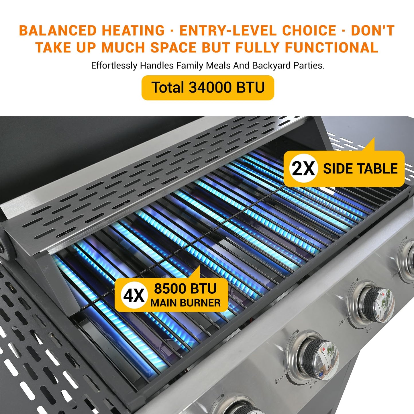 EUHOME 4-Burner Gas Grill with Side Burner & Cover, 51000 BTU Stainless Steel Outdoor BBQ Grill, 452 sq.in Cooking Area, Ideal for Backyard, Patio Large Gatherings