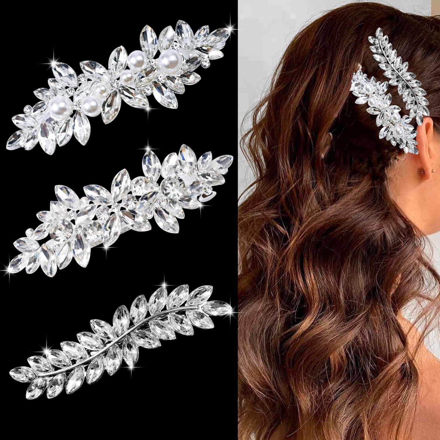 3 Pieces Rhinestone Bridal Hair Clips Leaf Wedding Hair Pins Crystal Bobby Pins Silver Hairpin Jewelry Barrette for Brides Bridesmaids Flower Girls