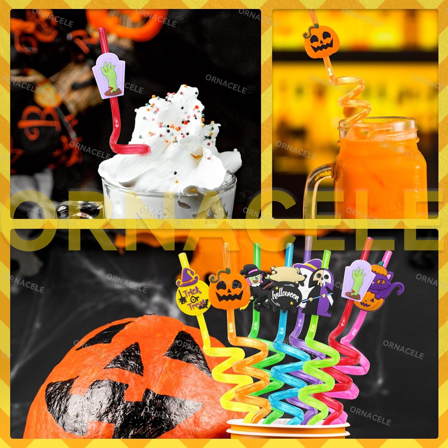 48 Pieces Halloween Reusable Drinking Straws, Grave Ghost Cats Pumpkin Witch Spider Pattern Party Favors Goodie Gifts for Kids Halloween Party Supplies