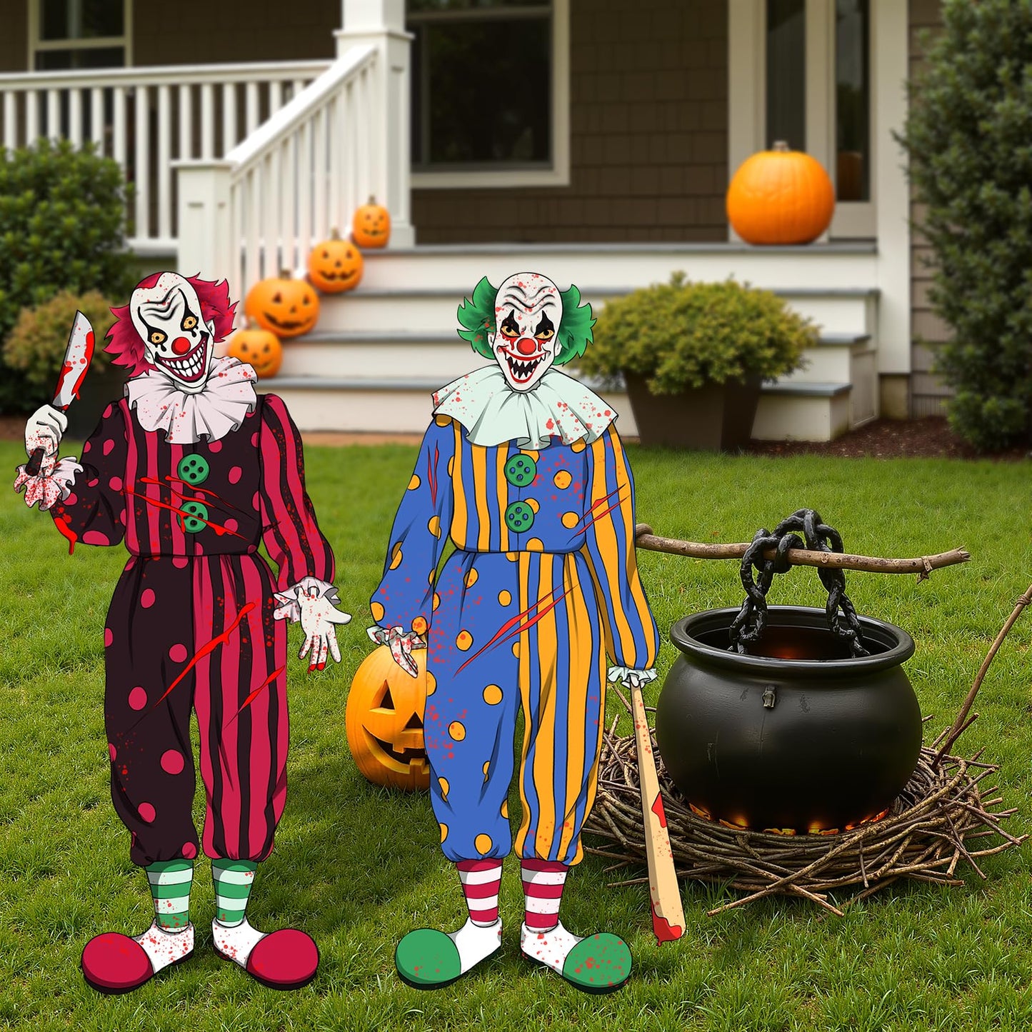 Bunny Chorus Outdoor Halloween Decorations: 2ct Extra Large Bloody Clowns Yard Signs with Stakes, Corrugated Plastic, Red Green Outside Halloween Decor for Kids Home School Yard Lawn Haunted House