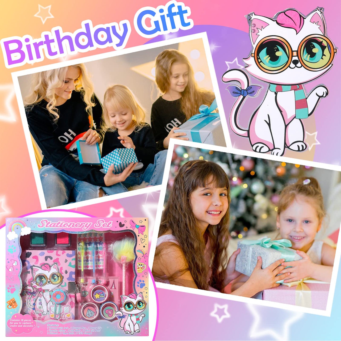 YOYTOO Cat Diary for Girls with Lock, Cat Stationery Set with Secret Diary, Stamps, Pens, Journal Notebook Birthday Gifts for Little Girls Age 5 6 7 8 9 10