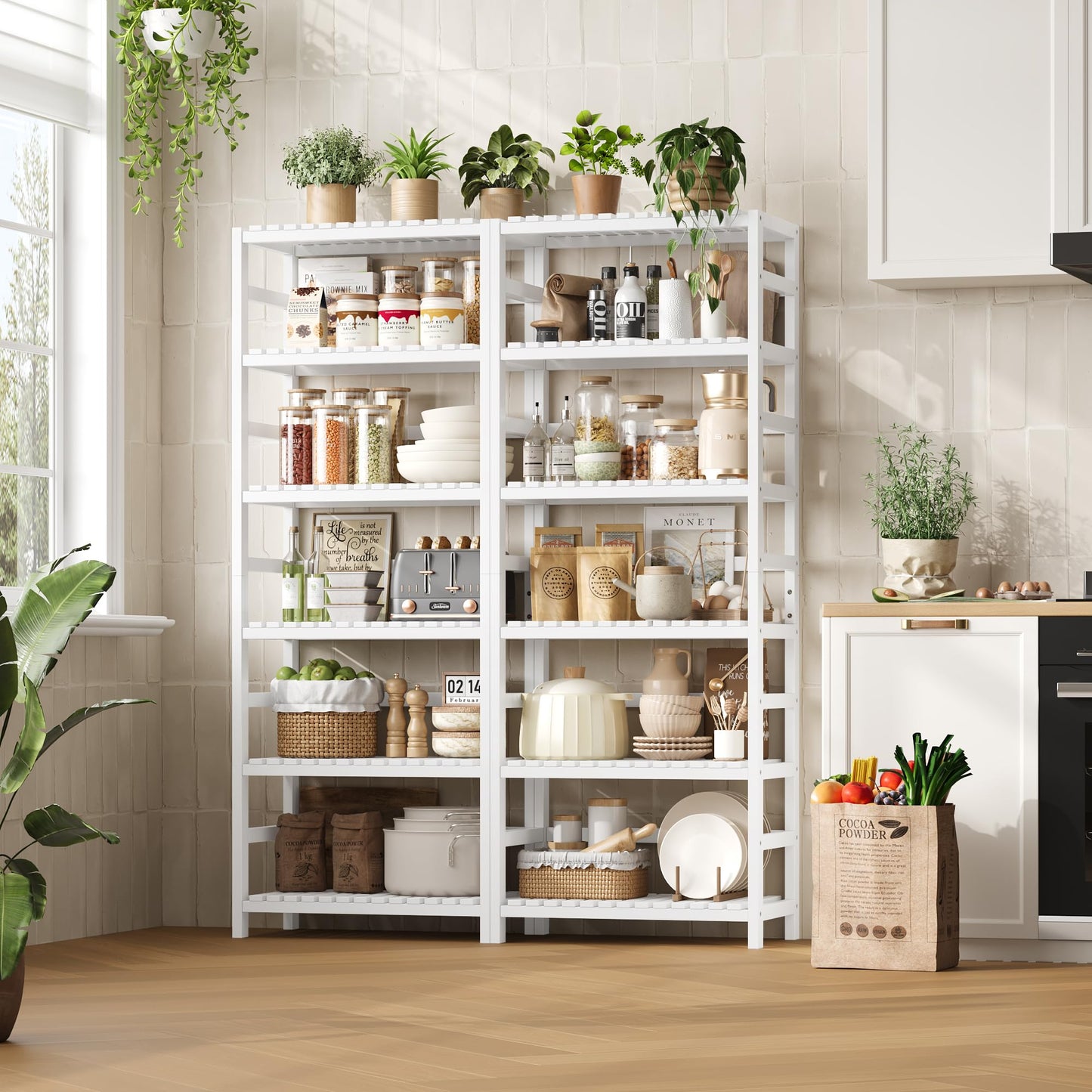 FOTOSOK 6-Tier Bamboo Shelf, Bamboo Bookcase with Adjustable Shelves, Free Standing Storage Shelf Unit, Plant Flower Stand for Bathroom, Kitchen, Home Office, White