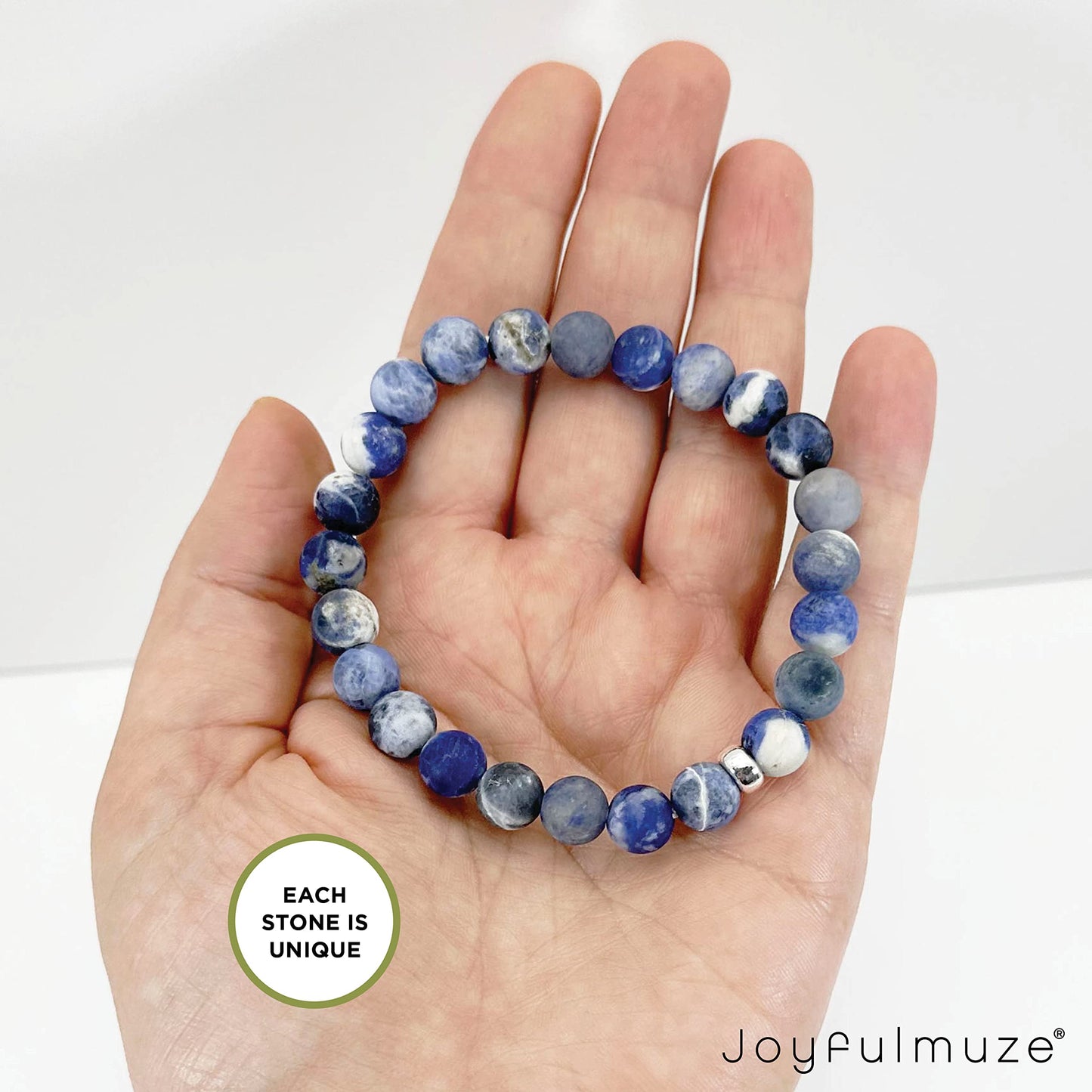 Joyfulmuze Genuine Sodalite Bracelet, Blue And White Spiritual Chakra Stone, Handmade Stretch Jewelry For Women And Men, 8mm Beads Fit 7-8 inch Wrist (Sodalite-Silver)