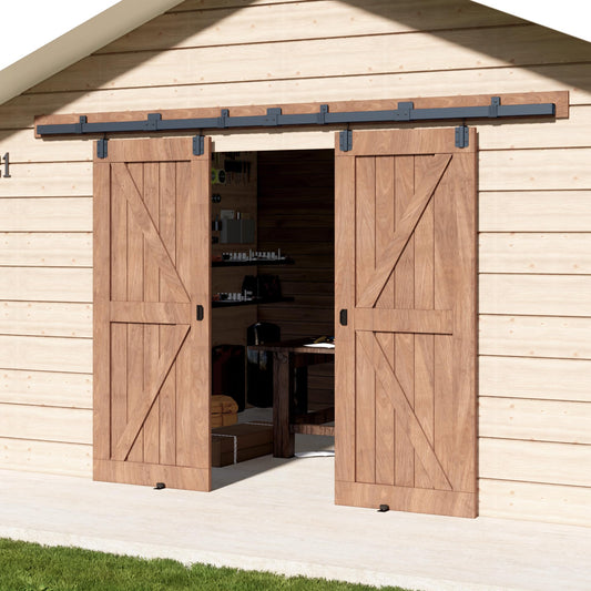 16FT Double Door Industrial Grade Black Double Door Track Kit for Exterior Sliding Barn Doors Heavy Duty Box Rail, Wall Mounted, Max Load 300lbs (Hardware Only,No Door)