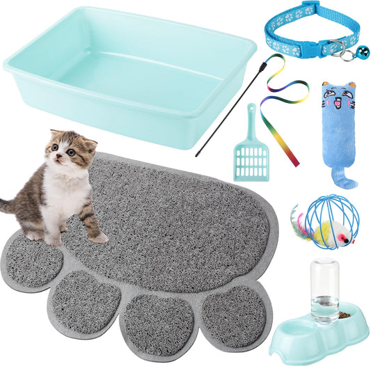 7 Pcs Small Cat Kitten Starter Kit Cat Litter Box with Shovel Paw Litter Mat Double Automatic Kitten Bowls Toy Teaser Stick Collar Essentials Kits for 1-3 Lbs Beginner(Simple,Blue)