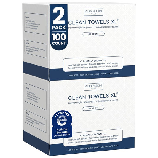 Clean Skin Club Clean Towels XL®, 100% USDA Biobased Face Towel, Disposable Face Towelette, Eczema Association Accepted, Makeup Remover Dry Wipes, Ultra Soft, 50 ct per pack, 6 Packs, 300 Ct Total