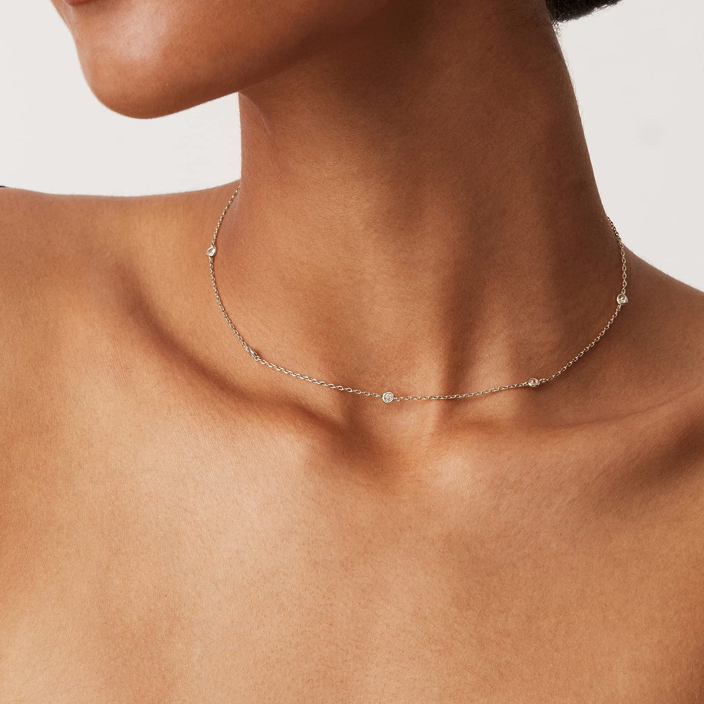 PAVOI Rhodium Plated Station Chain Necklaces for Women - Dainty Simulated Diamond Necklace - Layering Cubic Zirconia Chain