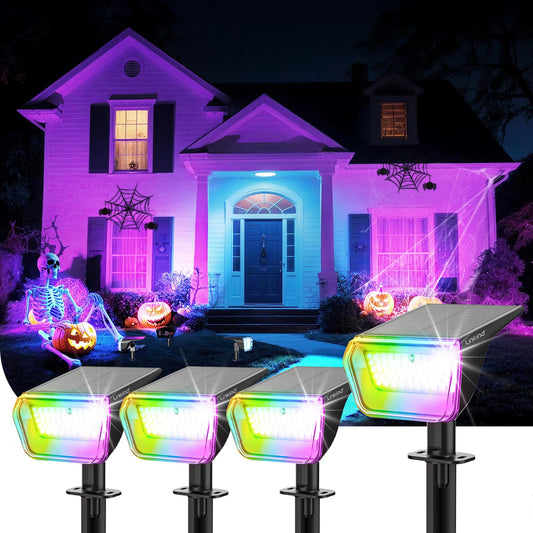 Linkind RGB Halloween Lights Outdoor Solar Spotlights IP67 Waterproof 10 Lighting Modes Color Changing Outdoor Lighting for Yard Garden Landscape Christmas Halloween Decorations (Multicolor, 4 Pack)