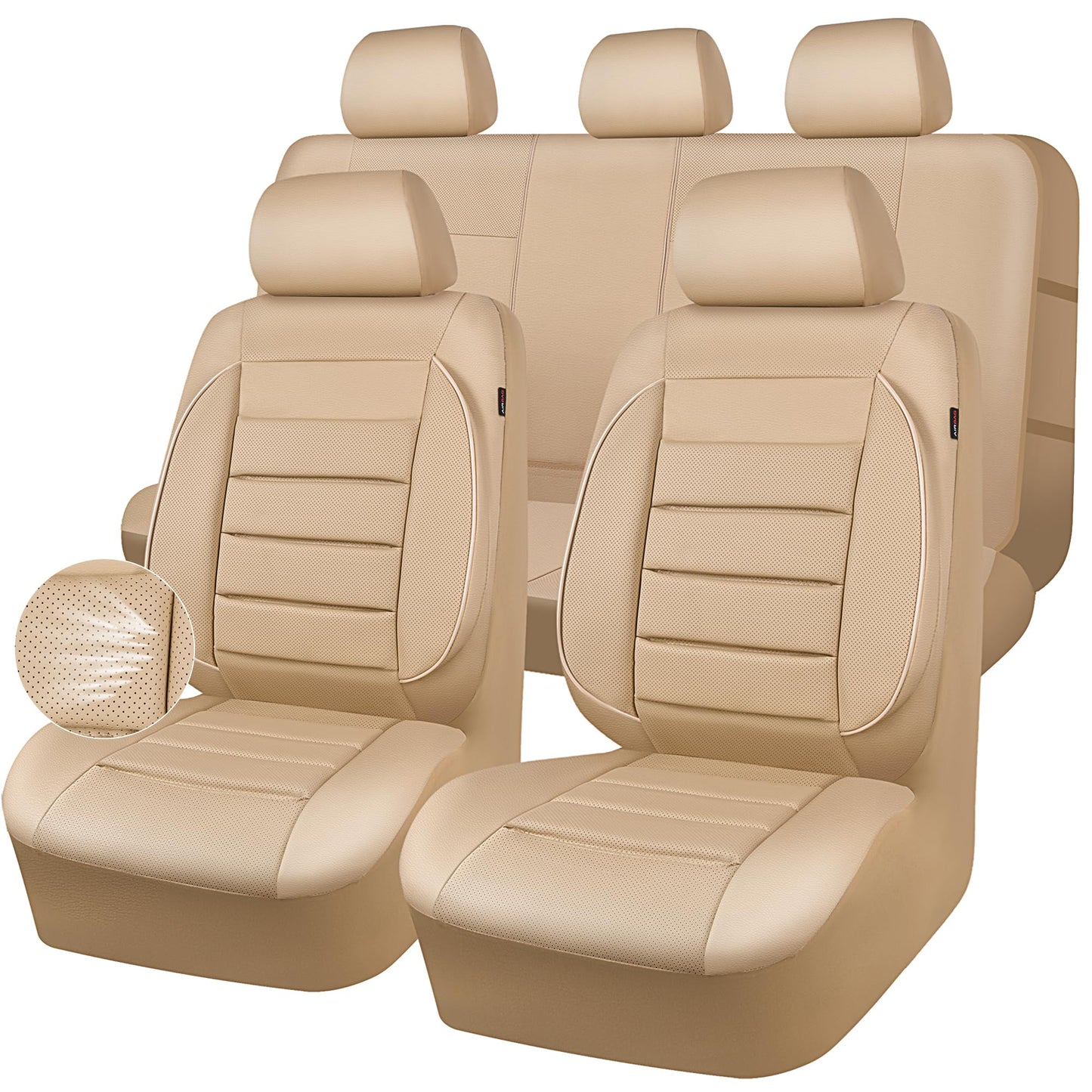 CAR PASS Leather Seat Covers Full Set Universal Water Resistant 3D Foam Back Support, Luxury Comfort Automotive 5 Seat Covers All Season Fit for SUV,Sedan,Van, Airbag Compatible Elegance (Beige)