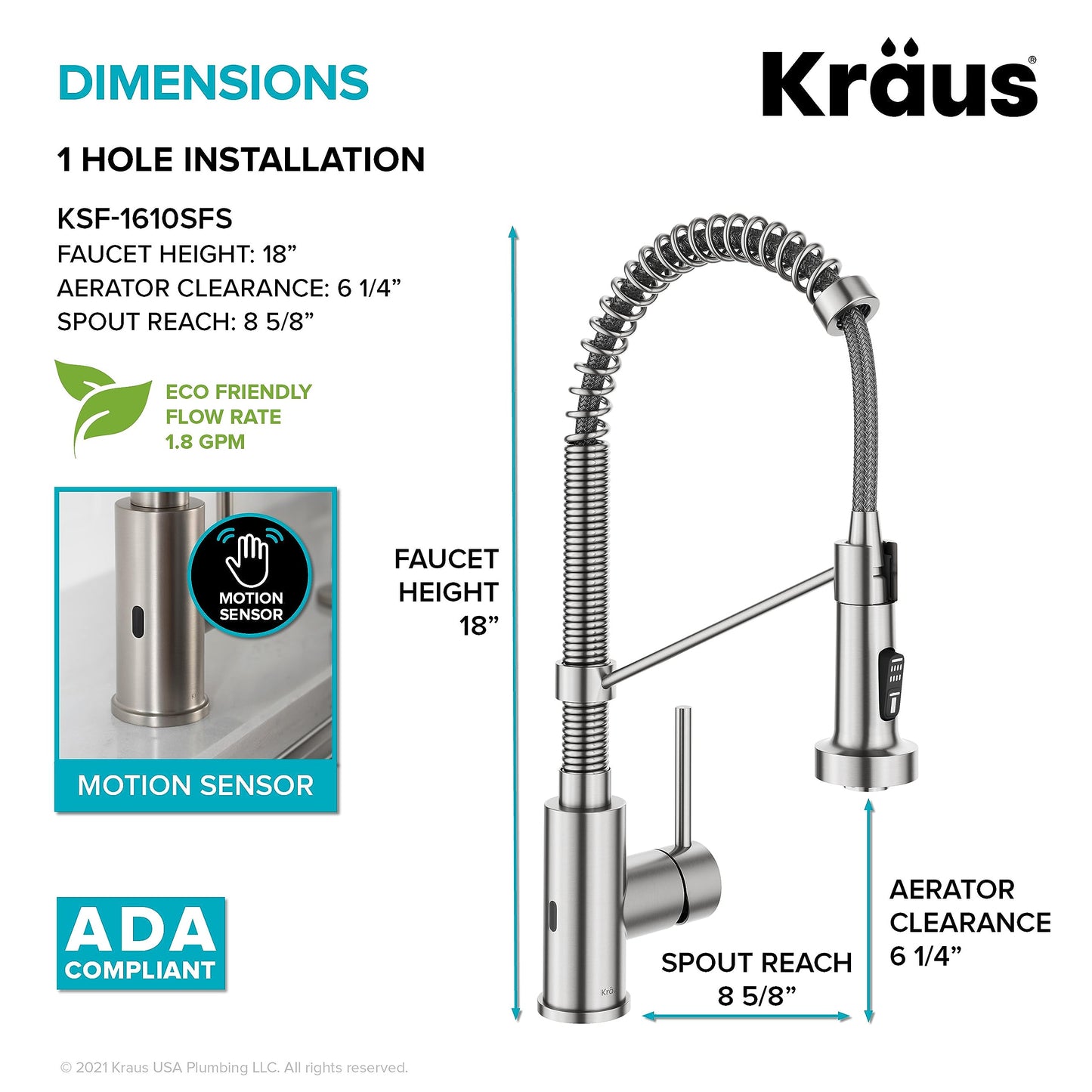KRAUS Bolden Touchless Sensor Commercial Style 2-Function Single Handle Pull Down Kitchen Faucet in Spot-Free Stainless Steel, KSF-1610SFS