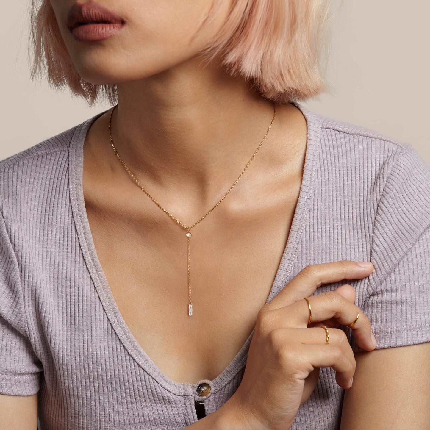 Tewiky Simple Gold Necklace for Women, Gold Plated CZ Lariat Necklace Dainty Long Gold Necklaces for Women Trendy Cute Pendant Necklaces Aesthetic Drop Gold Necklace Jewelry Gifts