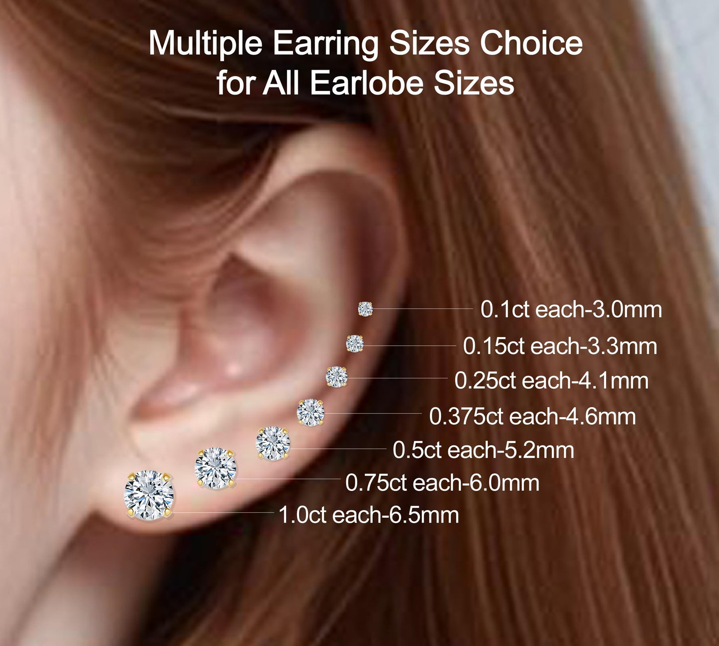 Lab-Grown Diamond Stud Earrings in Hypoallergenic 925 Sterling Silver, Screw Back, 1/5 to 2 1/2 Cttw, Round Princess Cushion Cut, 4 Prong, G-H Color, SI Clarity (14k Yellow Gold Plated, 0.3 cttw (0.15ct each)-3.3mm, White Round Diamond)