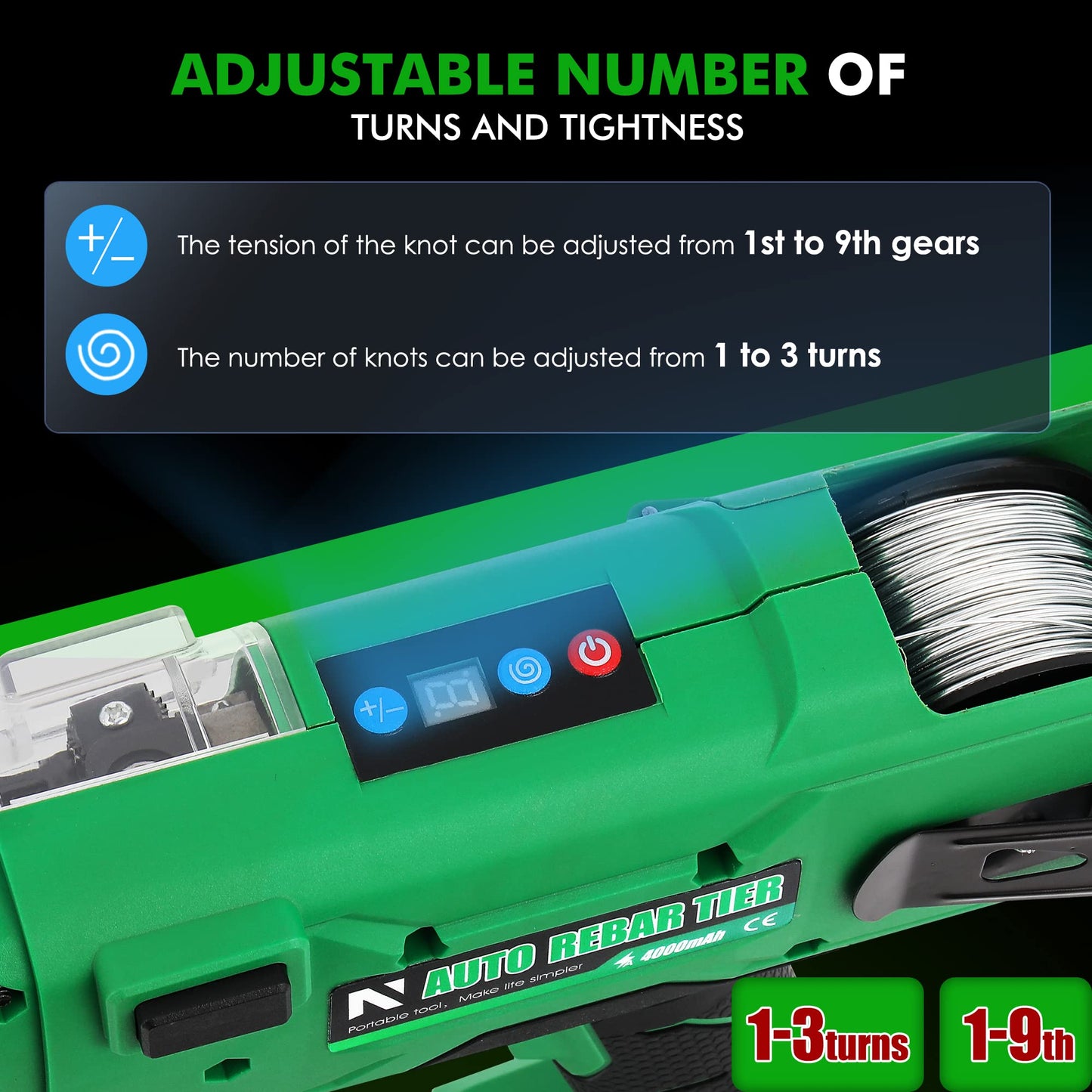 NEWTRY Cordless Rebar Tie Automatic Rebar Tying Gun Portable Steel Tie Tool with 2pcs 2000mAh Rechargeable Batteries for φ0.3"-1.33" Rebar