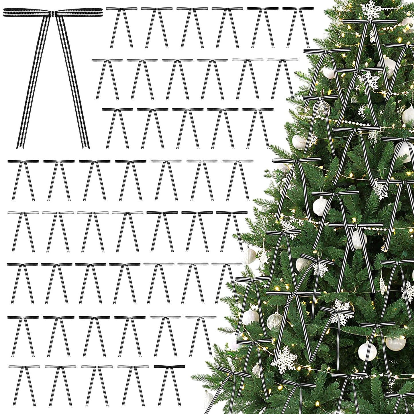 Riceshoot 50 Pcs 5x7 Black White Stripe Twist Tie Bows for Christmas Tree Memorial Gift Wrapping Bag Xmas Decoration Ribbon for Gothic Spooky Holiday Birthday Party Wreath DIY Craft (0.4 Inch Wide)