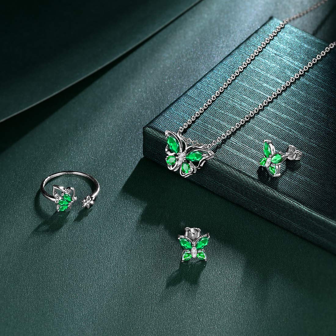 Hipunk Butterfly Green Jewelry Sets Birthstone Women 925 Sterling Silver May-Emerald Birth Stone Animal Butterflies Jewelry Sets/Earring/Ring Set Crystal Birthday Jewelry SS0002G