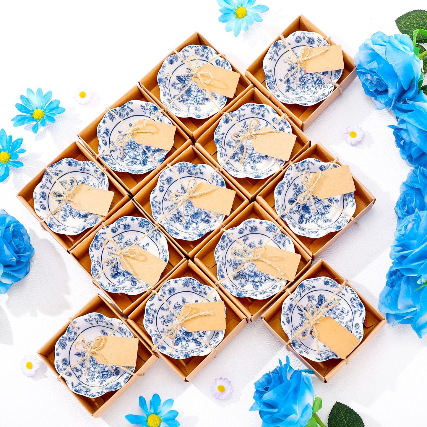 SiliFine 12 Pcs Wedding Favors for Guests Small Ceramic Bowl Bulk Gifts Set 3.3 Inch Floral Design Mini Dipping Sauce Dish with Card Box for Bridal Pooja Baby Shower Birthday (Flower,Blue)