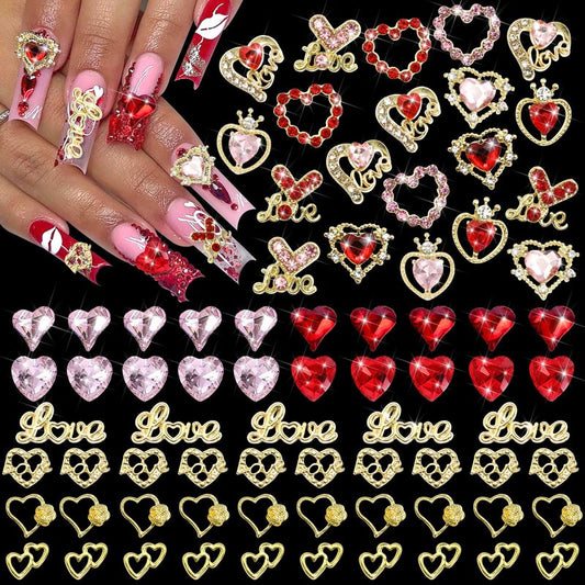 BELICEY 75Pcs 3D Gold Nail Charms Red Pink Heart Nail Charms Alloy Flatback Love Letter Charms for Nails Heart Shaped Gems and Rhinestones for Women Valentine‘s Day Manicure DIY Nail Art Design Crafts