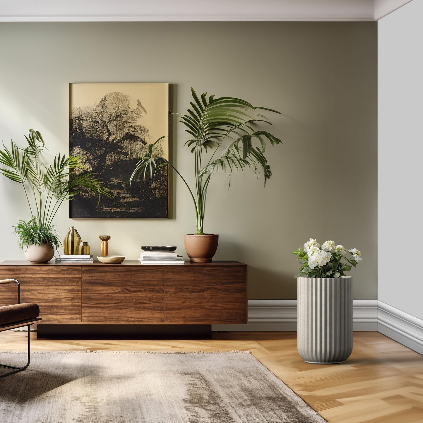 Kante Tall Fulted Planter, 21.7 Inch Tall Round Concrete Plant Pots with Drainage Hole and Rubber Plug, Modern Decor for Indoor Outdoor Plants, Flower, Weathered Finish with Painted Interior