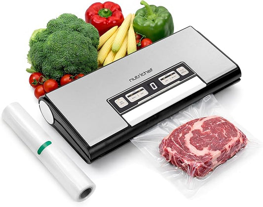 NutriChef Vacuum Sealer Machine, 80kPa Food Vacuum Sealer with Cutter, Bag Storage, Suction Hose, 1 Bag Roll & 5 Vacuum Bags to Ensure Freshness, Suitable for Freezer Meal Prep & Portioning 14"x7"x3"