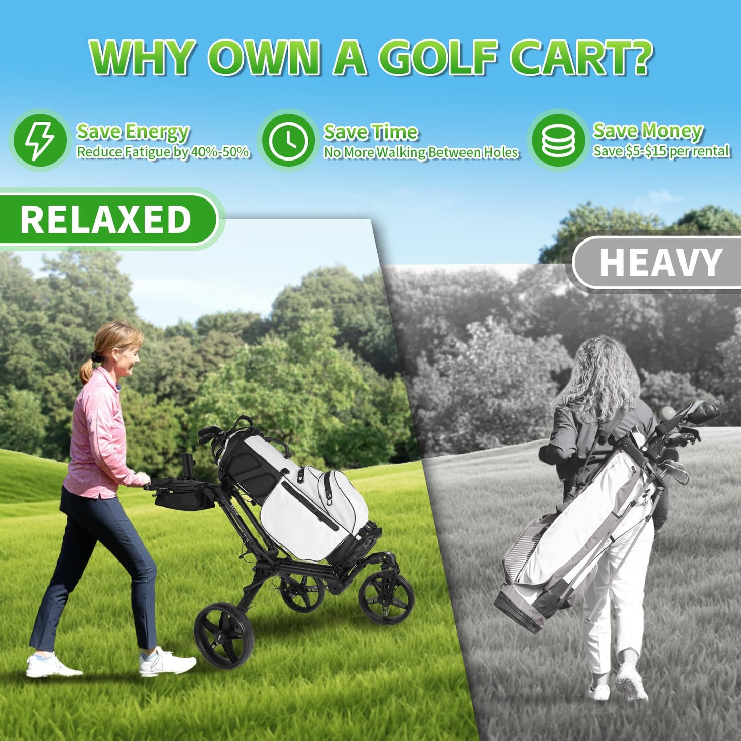 Golf Push Cart with 360° Front Wheels & Handbrake,Tivor 3 Wheel Pull Cart Offers One-Click Folding and All-Terrain Mobility