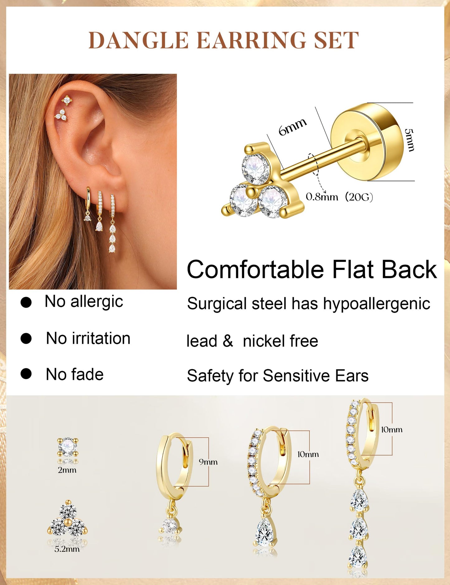 M MOOHAM Gold Dangle Earrings for Women, Drop Dangling Earrings Stacks Set Dainty 14K Gold Plated Hypoallergenic Cubic Zirconia CZ Hoop Earring Flat Back Stud Cartilage Earring Jewelry Bridesmaid Gift