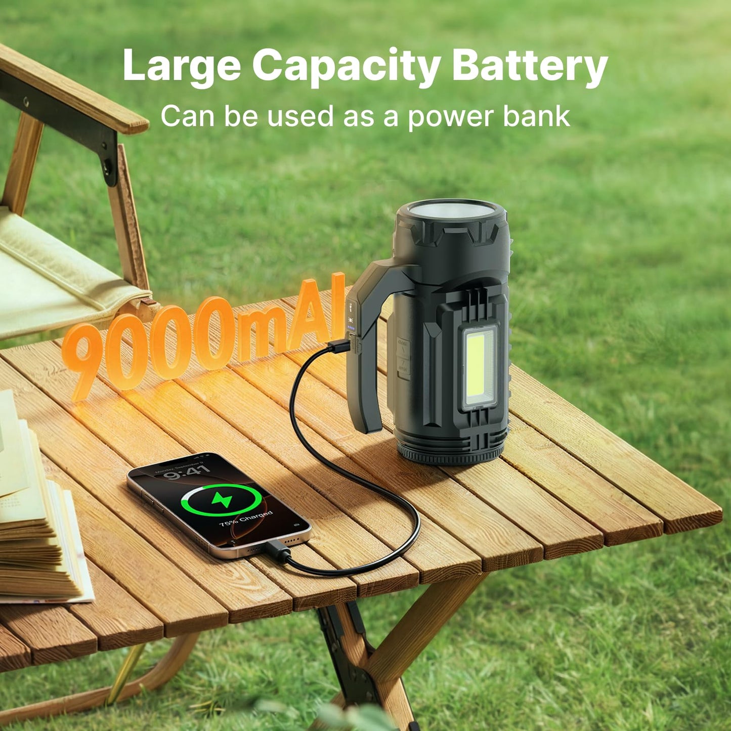 OGERY Rechargeable Flashlight, Multi-Tool Camping Lantern with 983LM, 9000 mAh Portable LED Camping Spotlight for Camping Emergency, Outdoor Hiking, Gray/Black