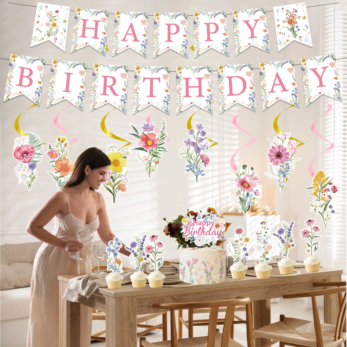 Rngmsi Wildflower Birthday Party Decorations - 35PCS Wildflower Happy Birthday Banners and Hanging Swirls Decoration for Girls Floral Cake Cupcake Toppers Party Decor Flower Theme Supplies for Women