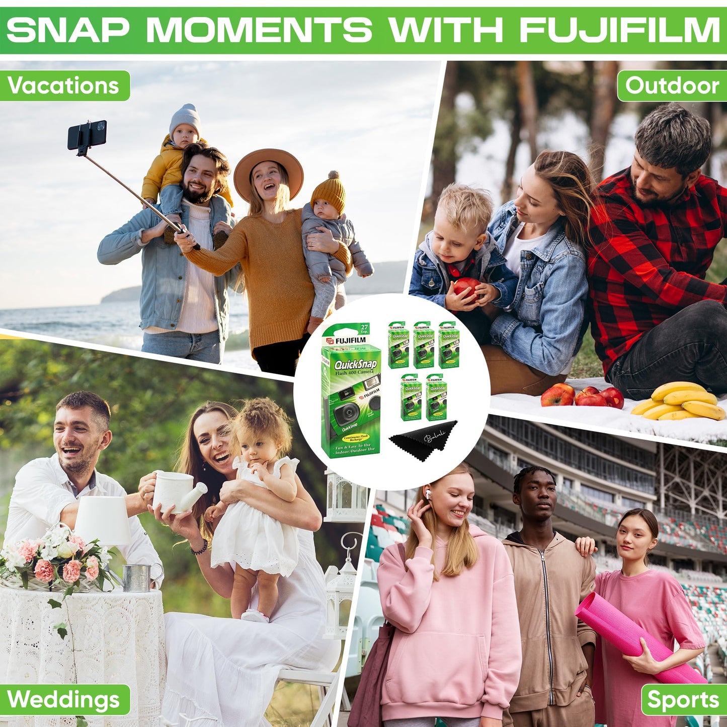 Fuji Film Quicksnap Flash Disposable Camera 400 Iso, 6 Pack, 35mm 27 Exp,with Balveli Coth, Fuji Film Disposable Camera Bulk, 6 Pack of Fuji Disposable Cameras.